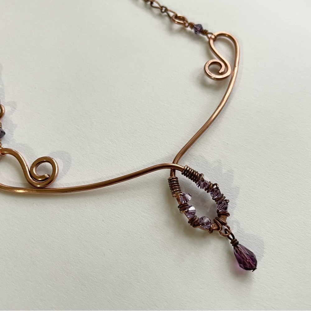 Copper Scroll Necklace Beaded Plum and Lilac Crystals Elegant Rustic‎ Handmade - Picture 5 of 14